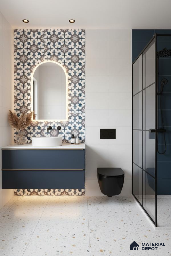 Modern bathroom with blue patterned highlighter wall tile, terrazzo floor tile, and matte blue vanity in Bengaluru | Material Depot