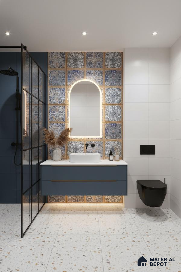 Modern bathroom with blue patterned highlighter wall tiles and terrazzo floor tiles in Bengaluru | Material Depot