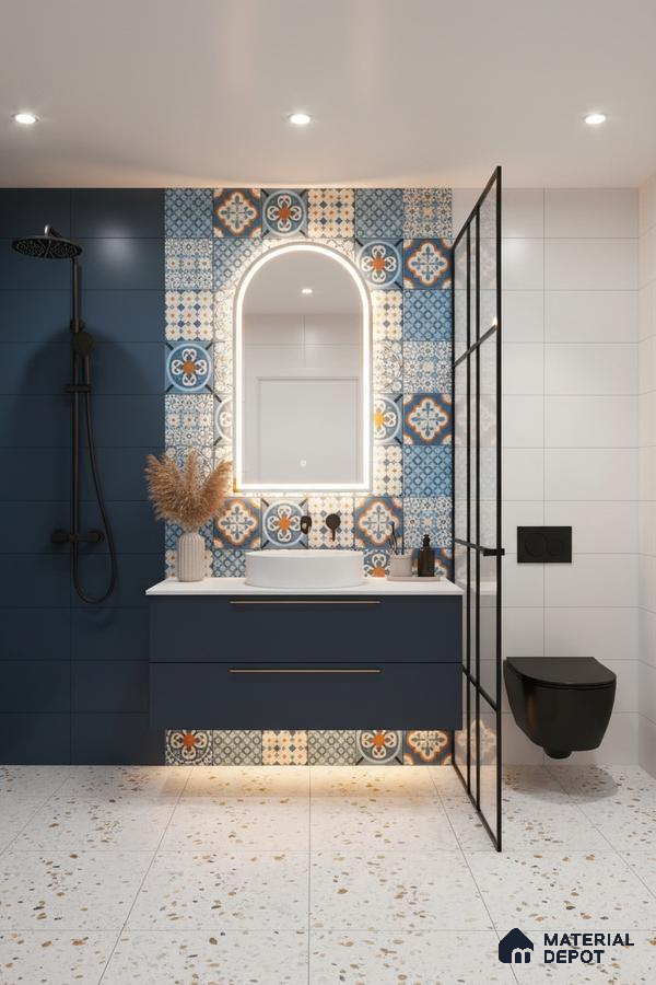 Modern bathroom with blue patterned moroccan wall tiles, terrazzo floor tiles, and matte blue vanity in Bengaluru | Material Depot