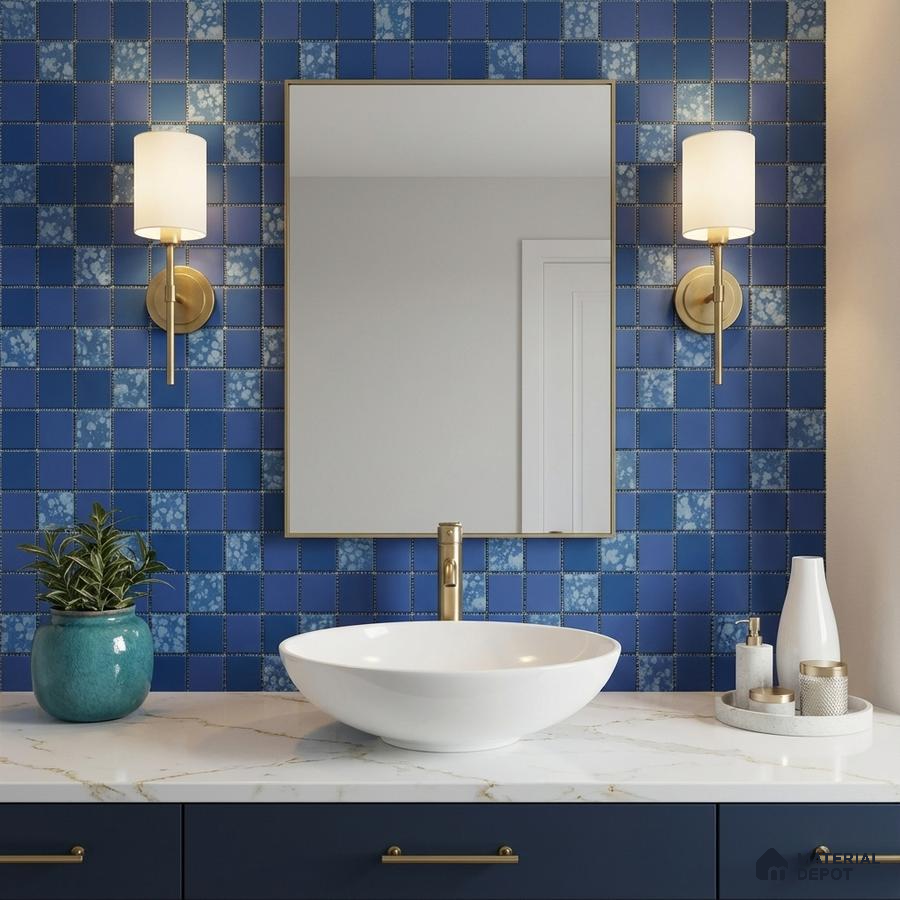 Modern bathroom with blue patterned square wall tiles and white marble countertop