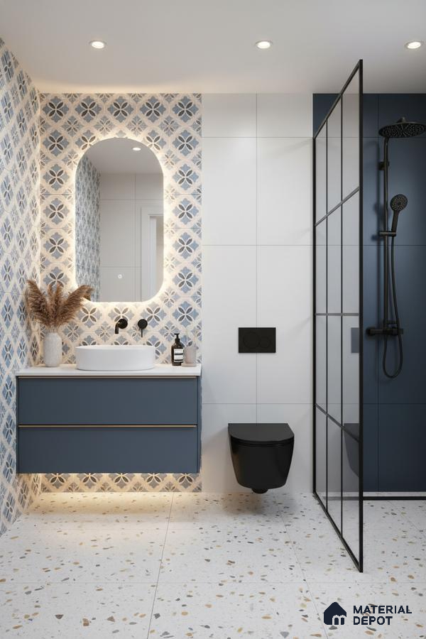 Modern bathroom with blue patterned wall tiles, terrazzo floor tiles, and matte blue vanity in Bengaluru | Material Depot