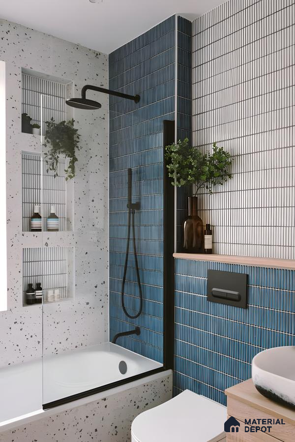 Modern Bathroom with Blue Subway Tiles and Terrazzo Accents | Material Depot