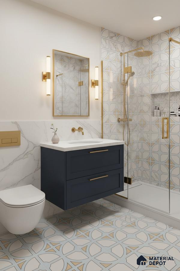 Modern bathroom with blue vanity, marble-look geometric wall tiles, and patterned floor tiles in Bengaluru | Material Depot