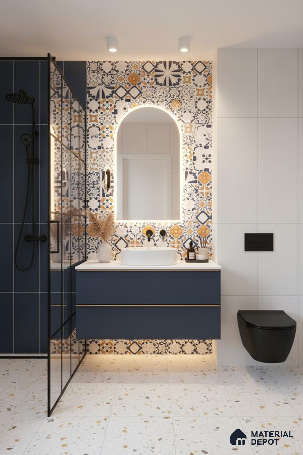 Modern bathroom with blue vanity, patterned moroccan highlighter wall tiles, and terrazzo floor tiles in Bengaluru | Material Depot