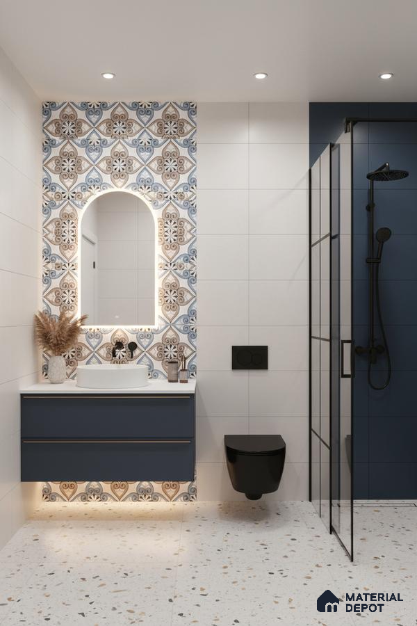 Modern bathroom with blue vanity, patterned moroccan wall tiles, and terrazzo floor tiles in Bengaluru | Material Depot