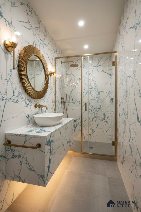 Modern bathroom with blue vein marble-look wall tiles, floating vanity, and grey matte floor tiles | Material Depot