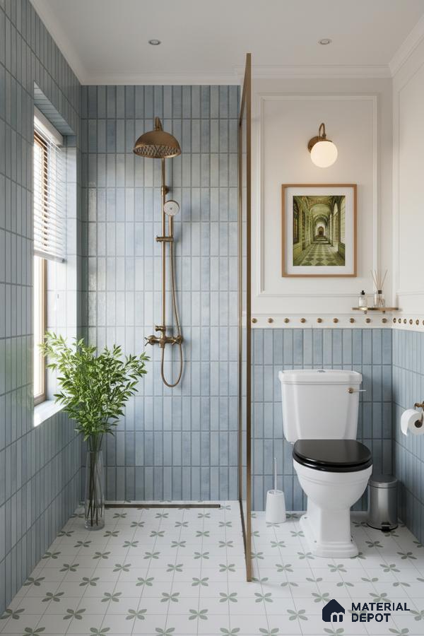 Modern bathroom with blue vertical subway wall tiles and white floral patterned floor tiles | Material Depot