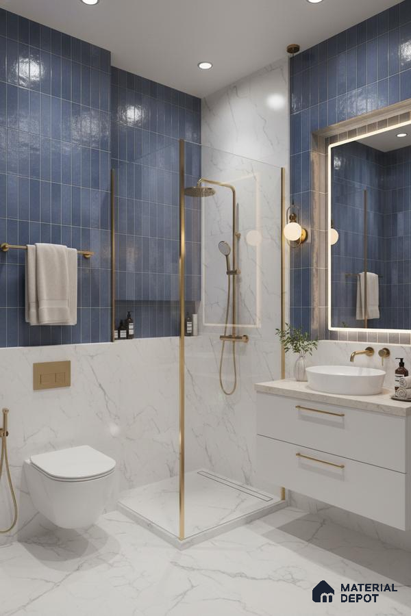 Modern bathroom with blue vertical subway wall tiles and white marble-look floor and wall tiles | Material Depot