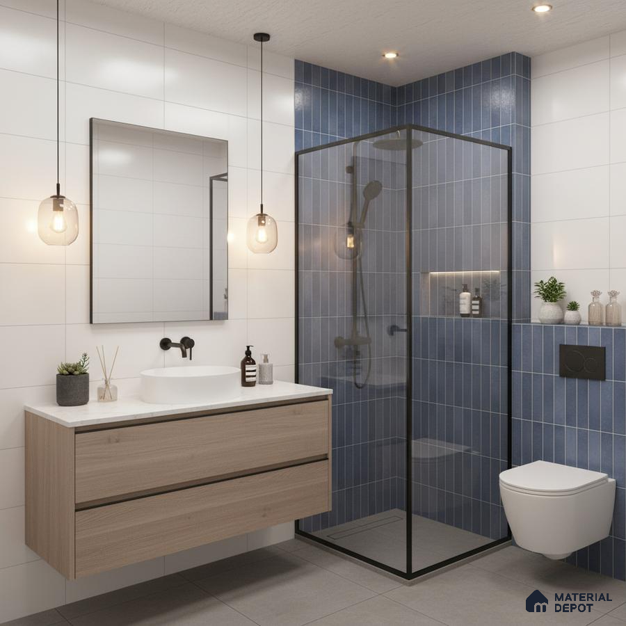 Modern bathroom with blue vertical subway wall tiles, white wall tiles, and light wood floating vanity | Material Depot