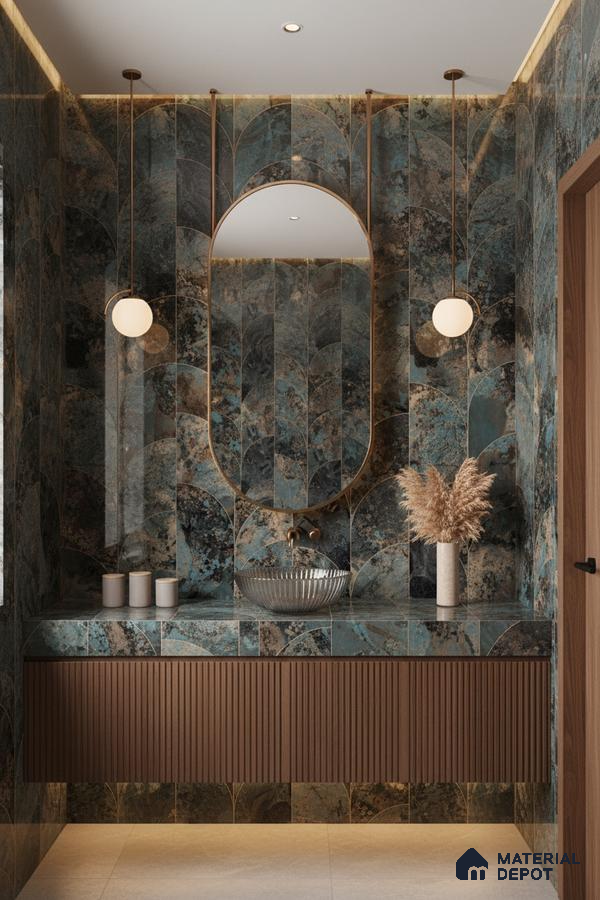 Modern bathroom with blue-green patterned wall tiles and fluted wood vanity | Material Depot