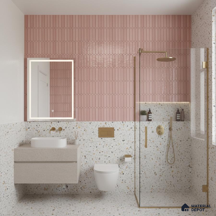 Modern bathroom with blush pink kitkat wall tiles and terrazzo wall and floor tiles | Material Depot