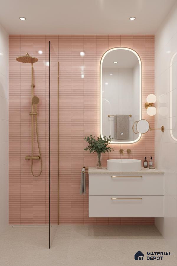 Modern bathroom with blush pink kitkat wall tiles, white vanity, and beige stone floor tiles | Material Depot