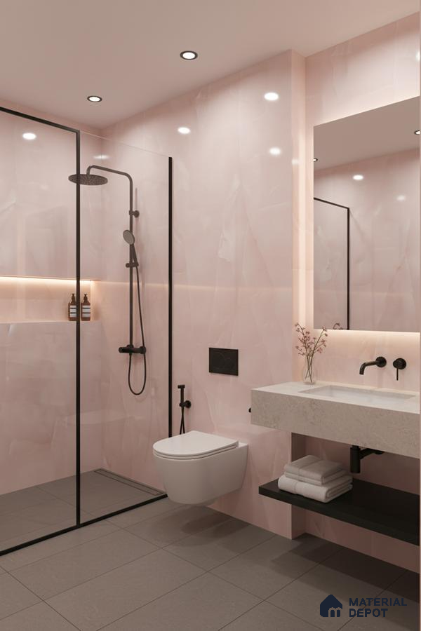Modern bathroom with blush pink marble-look wall tiles and grey matte floor tiles | Material Depot
