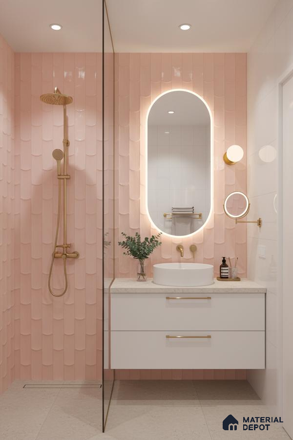 Modern bathroom with blush pink scallop wall tiles, white floating vanity, and terrazzo floor tiles | Material Depot