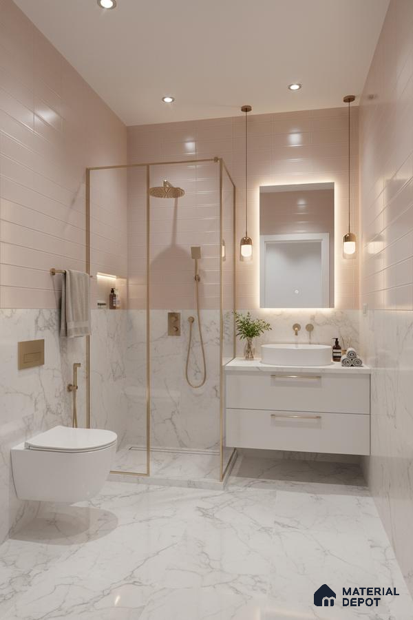 Modern bathroom with blush pink subway wall tiles and white marble-look floor and wall tiles | Material Depot
