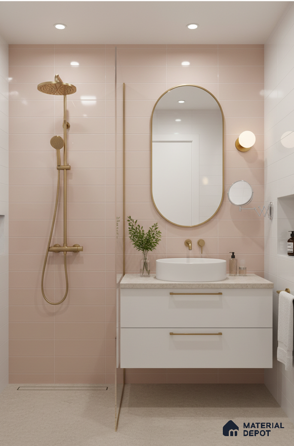 Modern bathroom with blush pink wall tiles, white floating vanity, and beige stone countertop | Material Depot