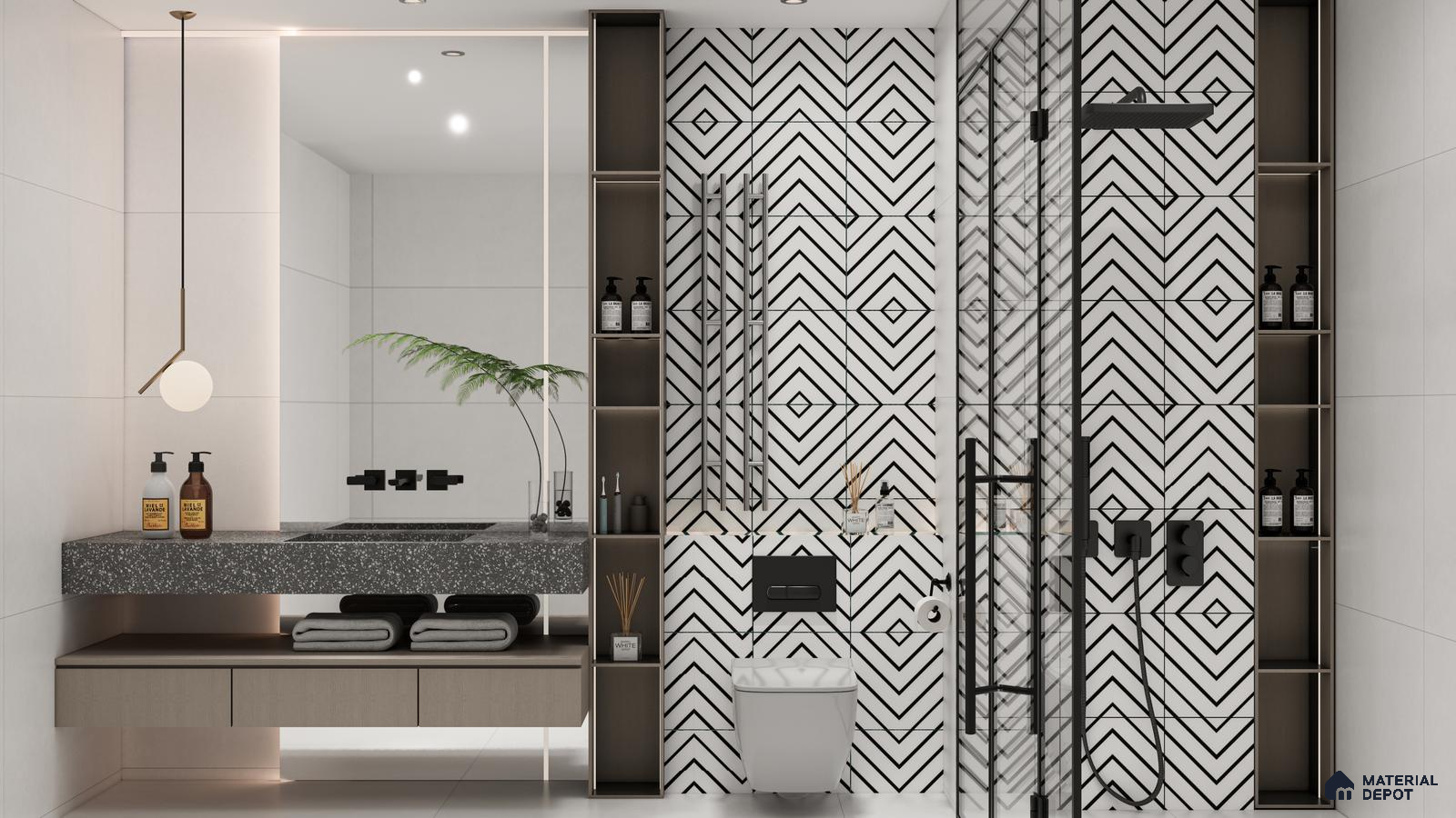 Modern Bathroom with Bold Geometric Tile Accent | Material Depot