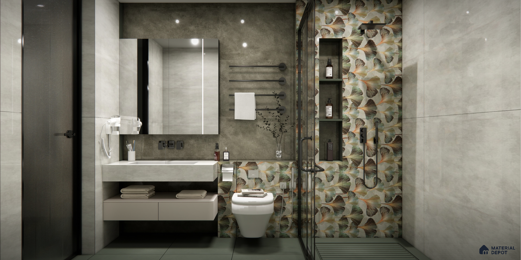 Modern Bathroom with Botanical Accent Wall and Concrete Finishes | Material Depot