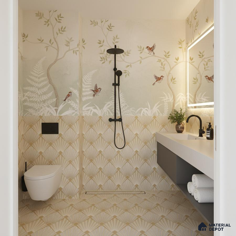 Modern bathroom with botanical bird motif wall tiles and beige geometric patterned floor tiles in Bengaluru | Material Depot