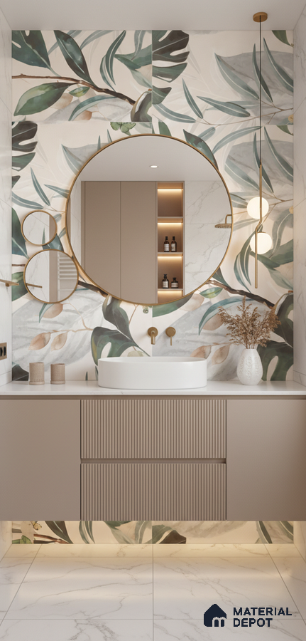 Modern bathroom design with botanical floral highlighter wall tiles, beige fluted vanity, and white marble floor tiles in Bengaluru | Material Depot