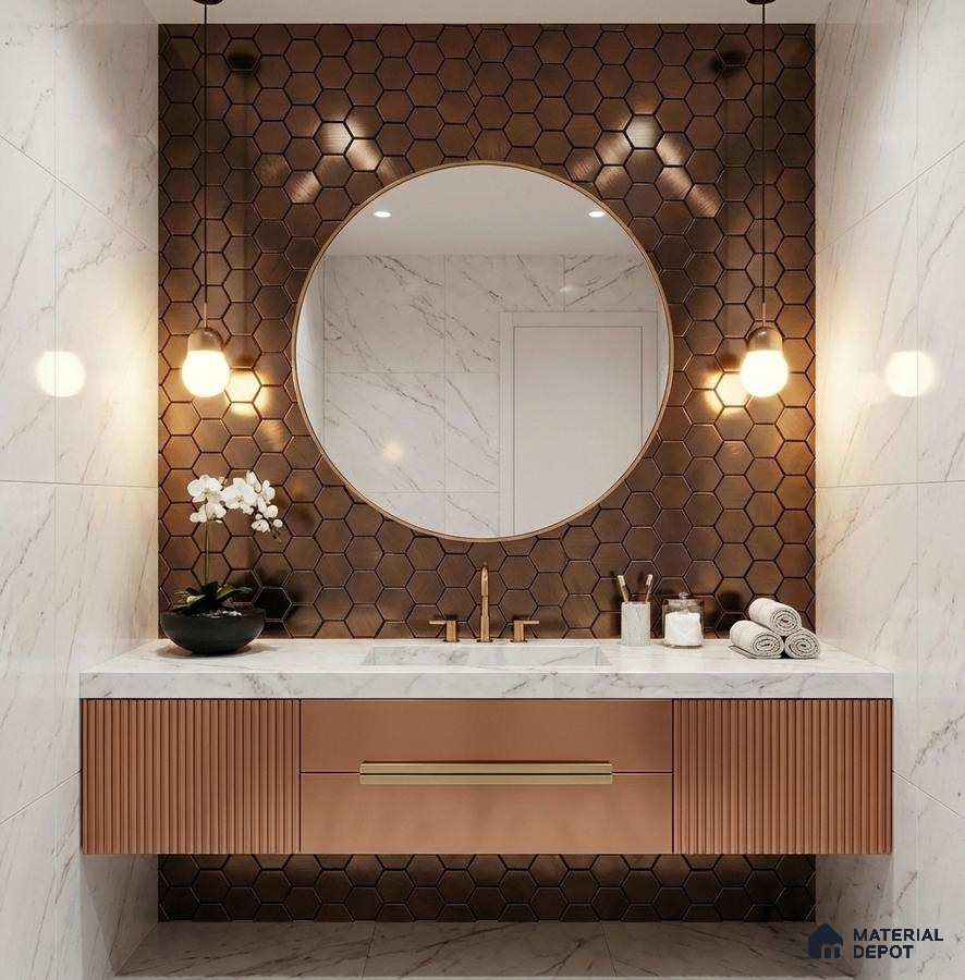 Modern bathroom with bronze hexagonal wall tiles, marble wall tiles, and fluted bronze vanity