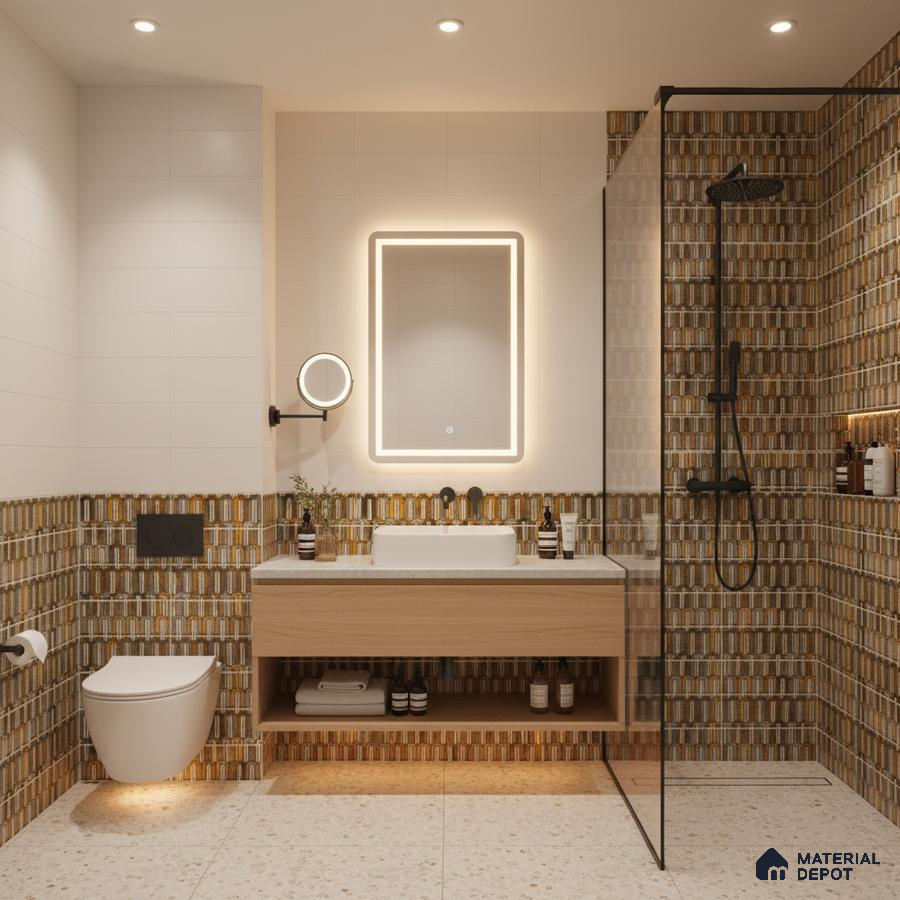 Modern bathroom with brown geometric highlighter wall tiles, terrazzo floor tiles, and floating wood vanity | Material Depot
