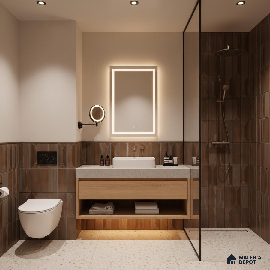 Modern bathroom with brown geometric wall tiles, terrazzo floor tiles, and light wood vanity | Material Depot