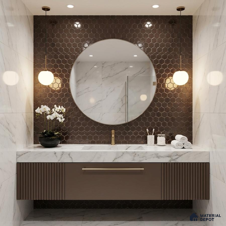 Modern bathroom with brown hexagonal wall tiles, marble-look wall tiles, and fluted brown vanity