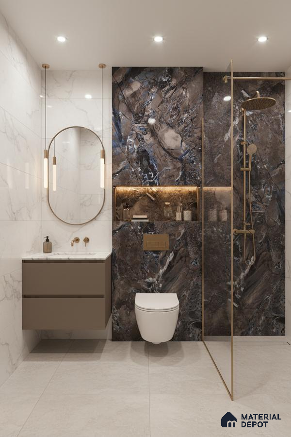 Modern bathroom with brown marble highlighter wall tiles, white marble wall tiles, and beige floor tiles | Material Depot