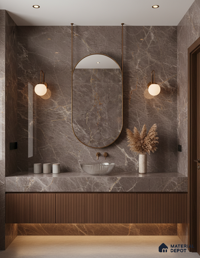 Modern bathroom with brown marble wall tiles and fluted wood vanity | Material Depot