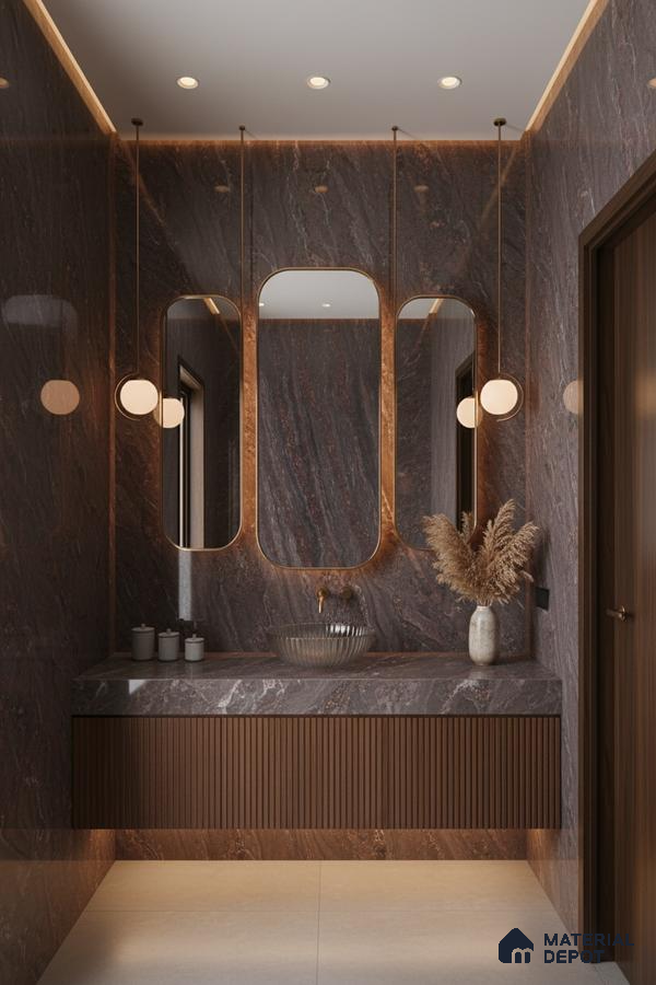 Modern bathroom with brown marble wall tiles, fluted wood vanity, and gold accent mirrors | Material Depot