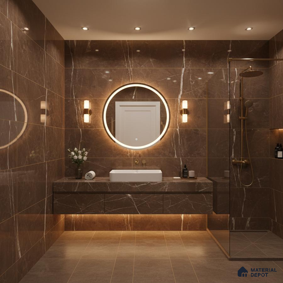 Modern bathroom with brown marble-look tiles and floating vanity | Material Depot