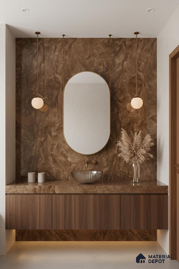 Modern bathroom with brown marble-look wall and countertop, walnut wood vanity | Material Depot