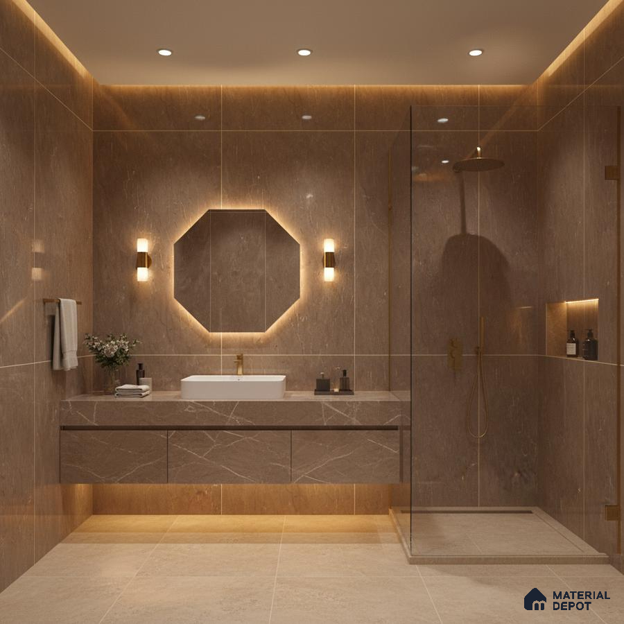 Modern bathroom with brown marble-look wall tiles, floating vanity, and beige floor tiles | Material Depot