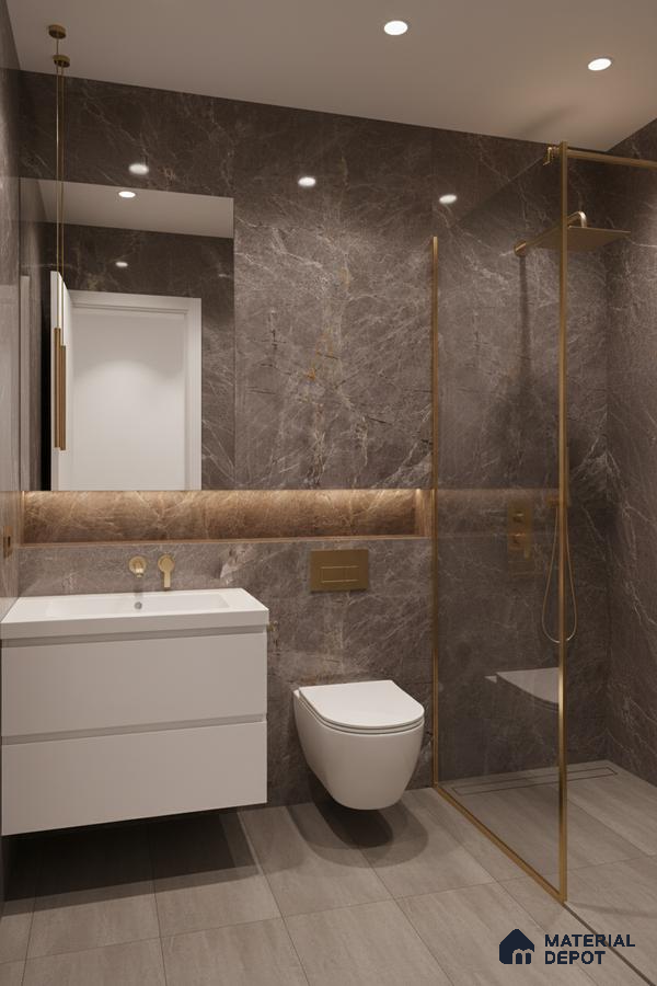 Modern bathroom with brown marble-look wall tiles, matte grey floor tiles, and floating white vanity | Material Depot