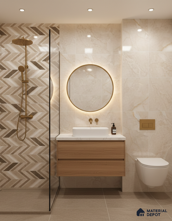Modern bathroom with chevron patterned beige wall tiles, marble-look wall tiles, and wood vanity | Material Depot