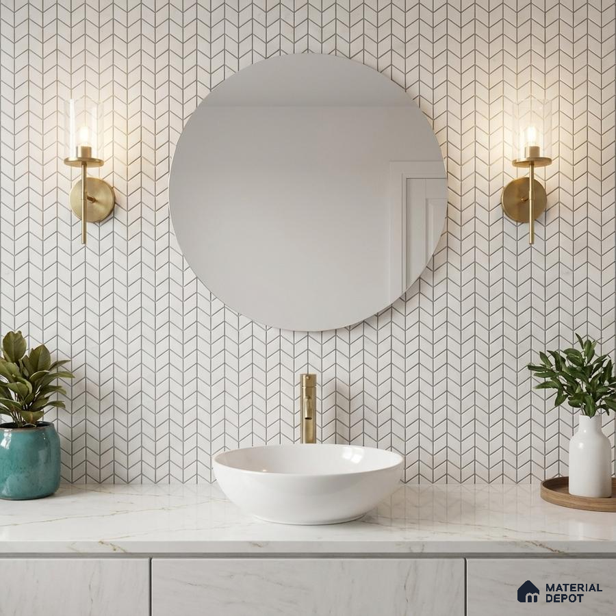 Modern bathroom with chevron patterned wall tiles and white marble countertop