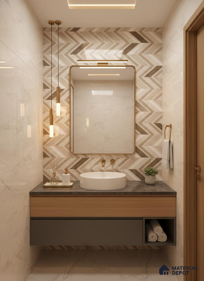 Modern bathroom with chevron patterned wall tiles, marble-look wall tiles, and wood finish floating vanity | Material Depot