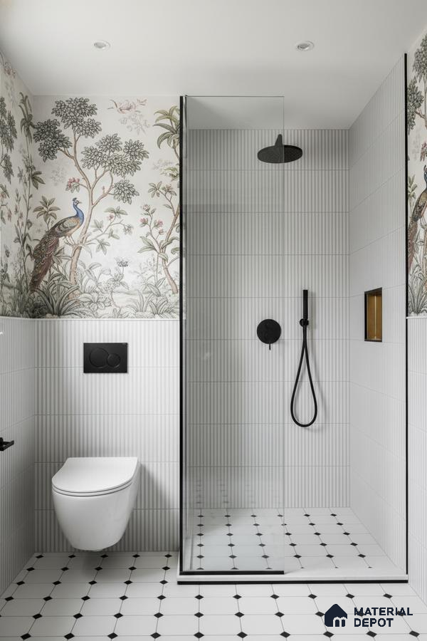 Modern bathroom with chinoiserie wallpaper, fluted white wall tiles, and black-and-white geometric floor tiles | Material Depot