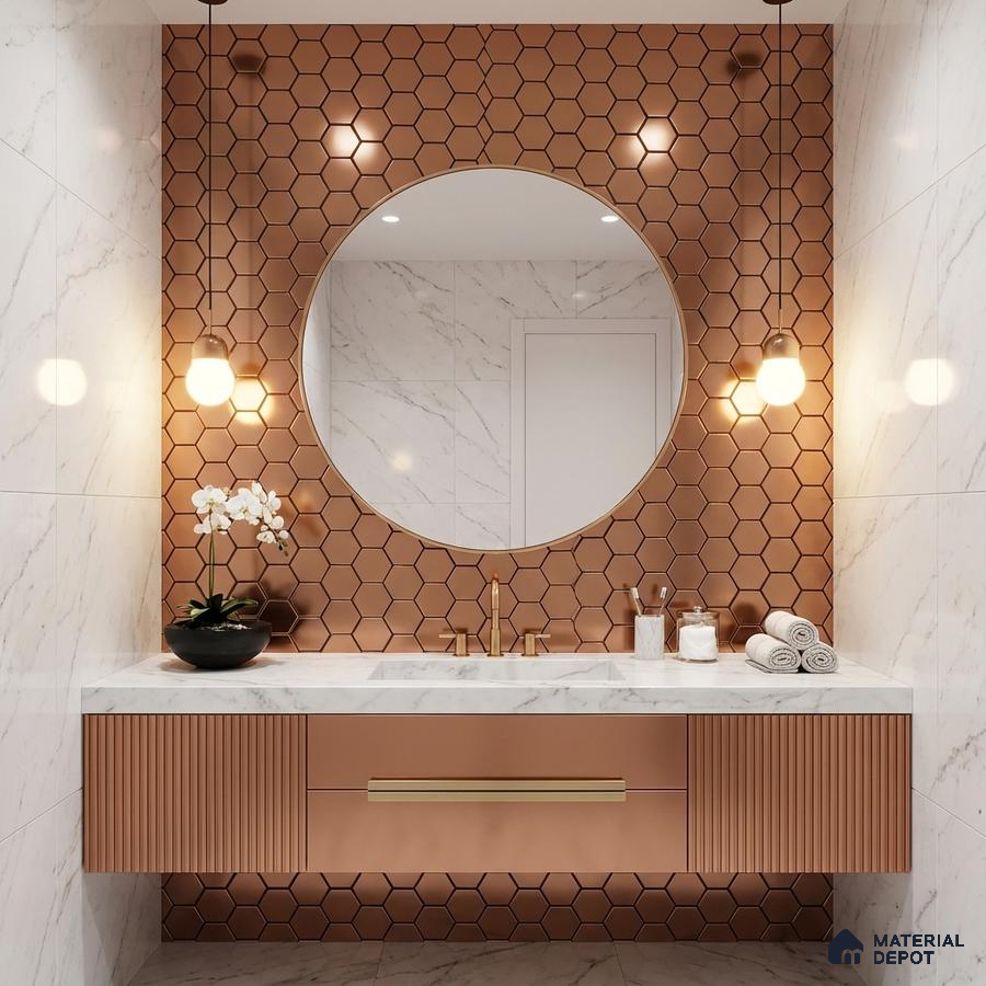 Modern bathroom with copper hexagonal wall tiles, fluted vanity, and white marble wall tiles