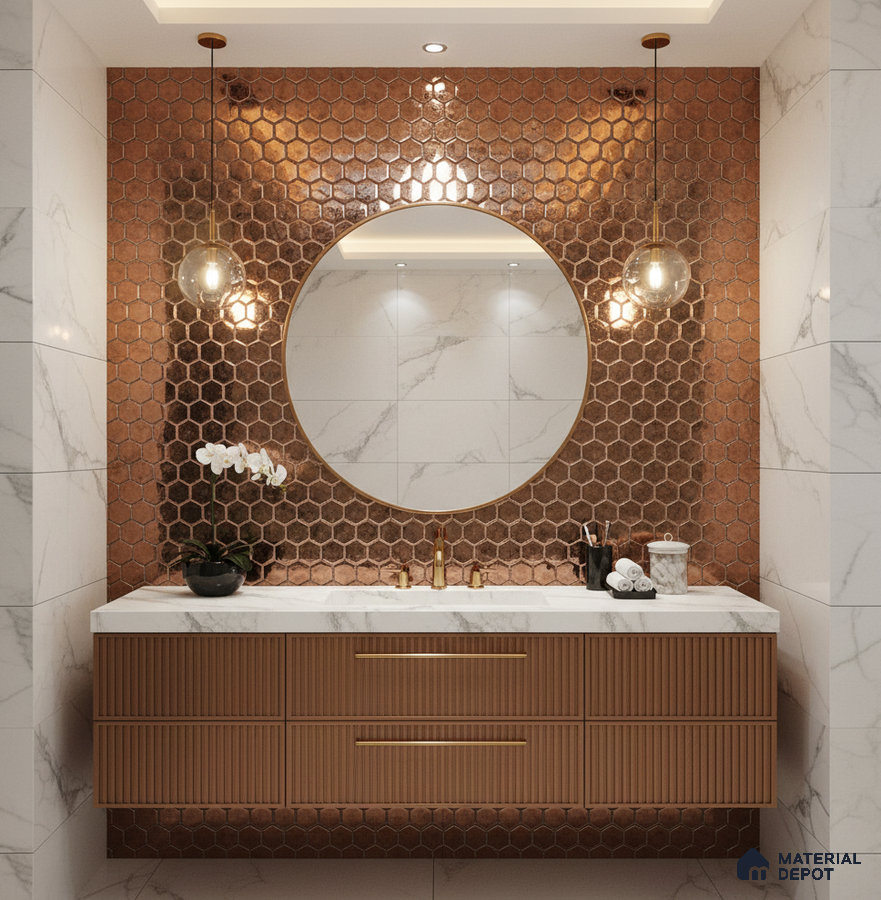 Modern bathroom with copper hexagonal wall tiles, marble wall tiles, and fluted wood vanity