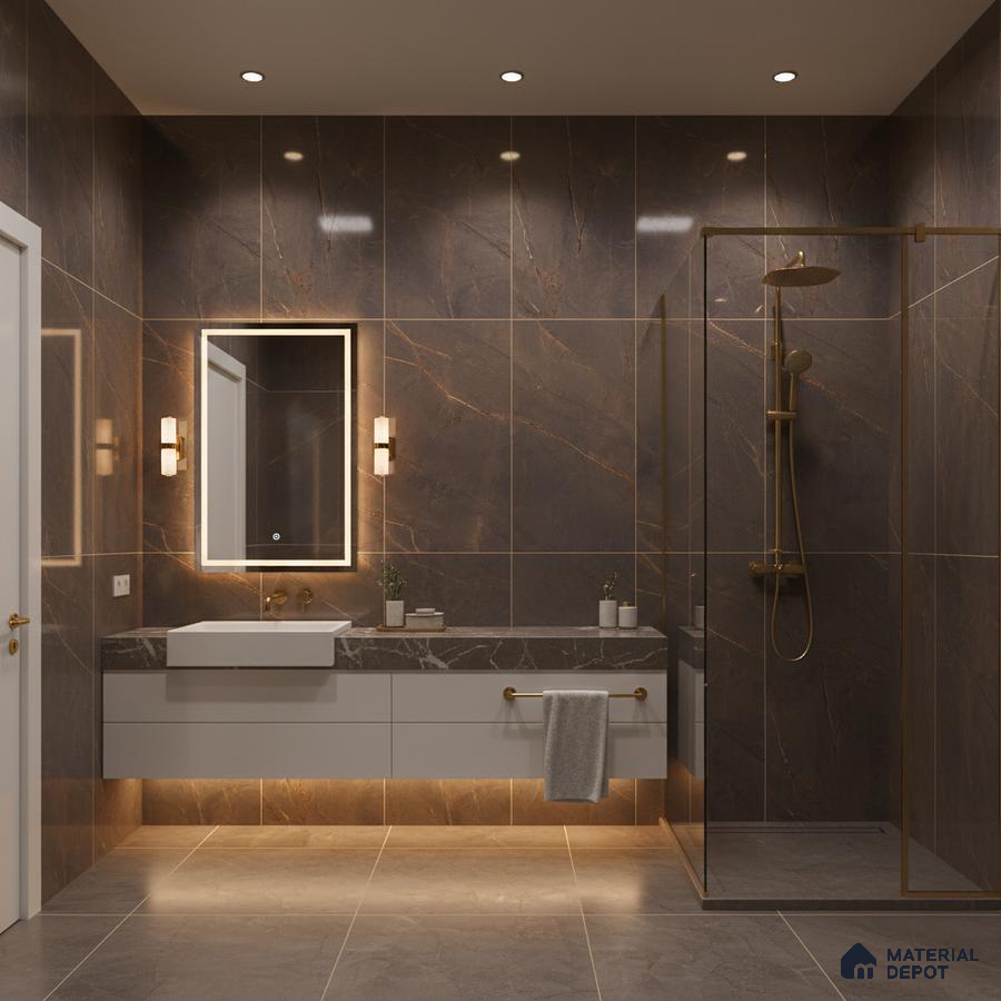 Modern bathroom with dark brown marble-look wall tiles and grey marble countertop | Material Depot