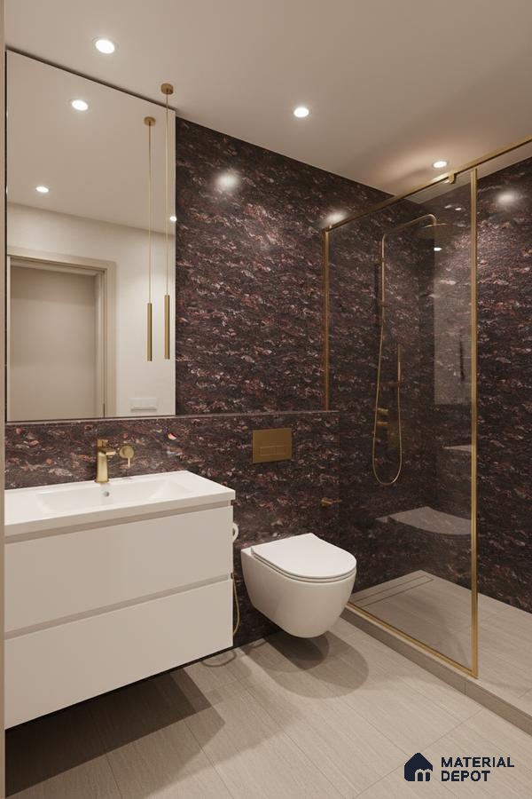 Modern bathroom with dark brown stone-look wall tiles, beige floor tiles, and gold accents | Material Depot