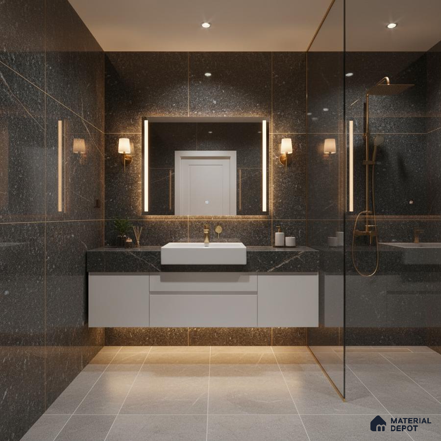 Modern bathroom with dark grey marble wall tiles, floating white vanity, and light grey floor tiles | Material Depot