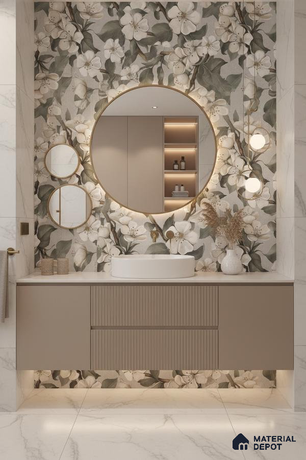 Modern bathroom design with floral highlighter wall tile, beige fluted vanity, and white marble floor tiles in Bengaluru | Material Depot