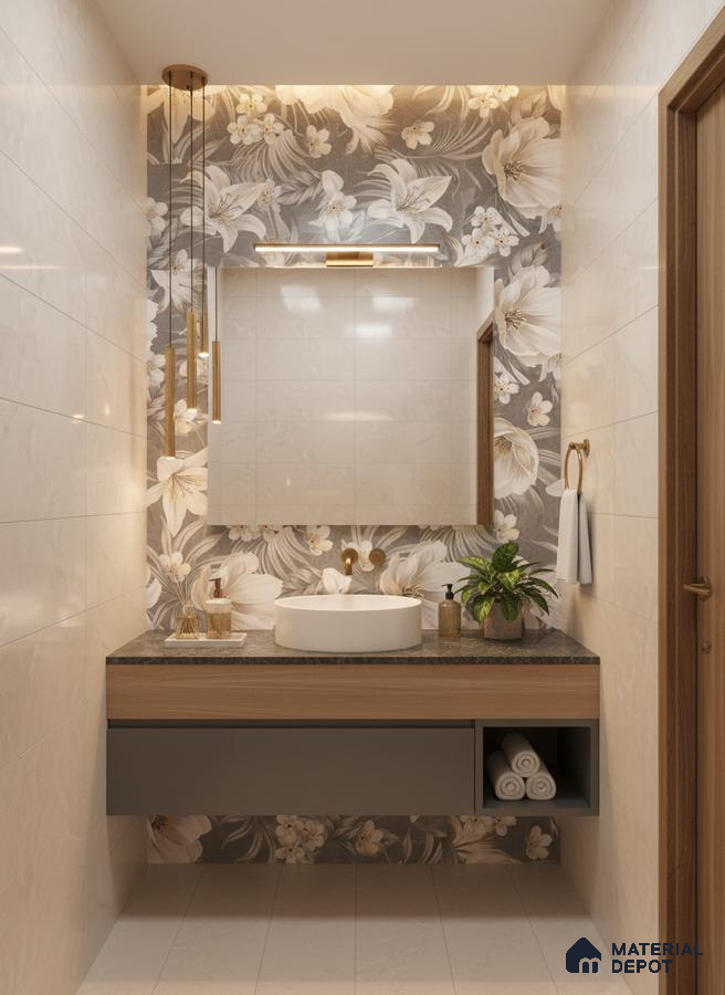 Modern bathroom with floral highlighter wall tile, beige marble wall tiles, and wood finish floating vanity | Material Depot