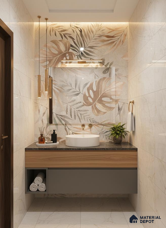 Modern bathroom with floral highlighter wall tile, beige marble wall tiles, and wood finish floating vanity | Material Depot