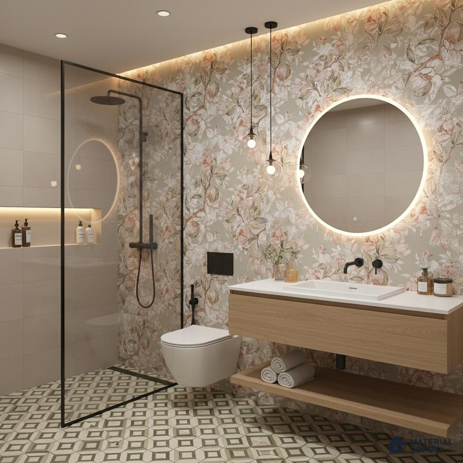 Modern bathroom design with floral highlighter wall tiles, geometric patterned floor tiles, and light oak floating vanity in Bengaluru | Material Depot