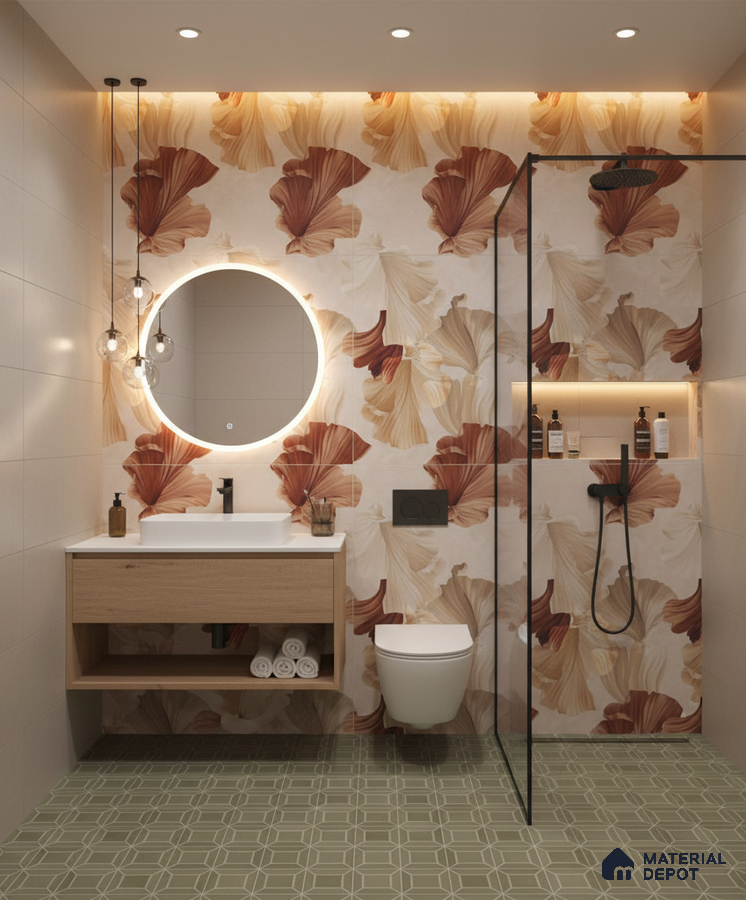Modern bathroom design with floral highlighter wall tiles, sage green geometric floor tiles, and wood vanity in Bengaluru | Material Depot