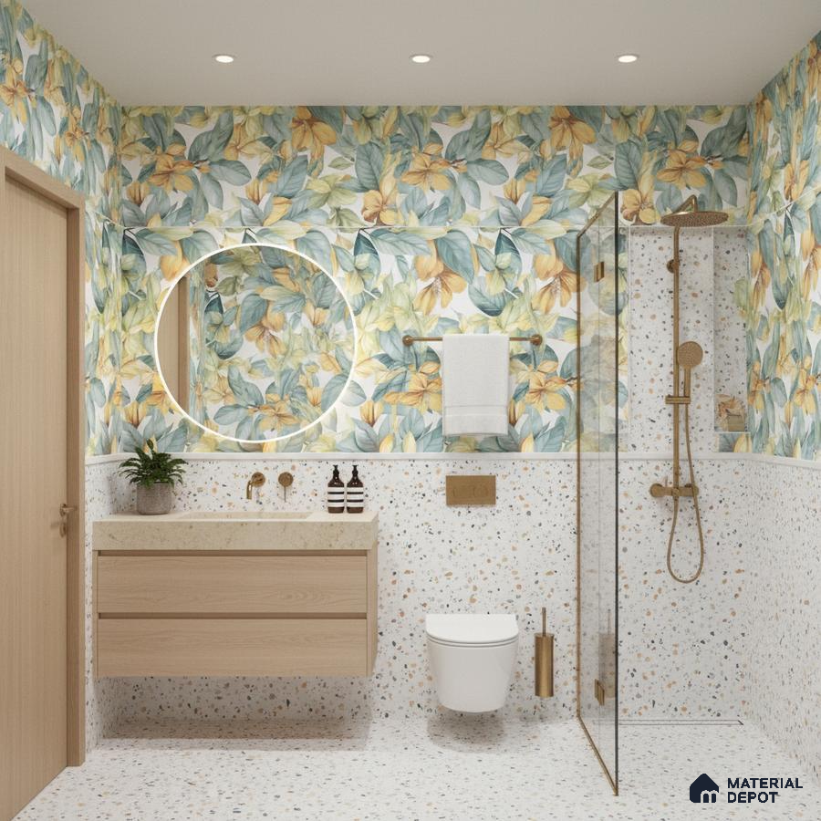 Modern bathroom design with floral highlighter wall tiles, terrazzo wall and floor tiles, and light wood floating vanity in Bengaluru | Material Depot